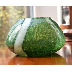 Vintage Hand Blown Studio Art Glass Vase - Mottled Green White Stripe - 8"